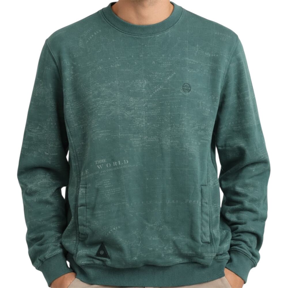 10 Deep Sweatshirt Crew Neck Pullover Pockets The World Map Green Medium